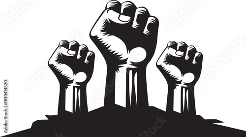 Powerful raised fists protest symbol vector illustration, unity resistance revolution solidarity movement silhouette graphic design