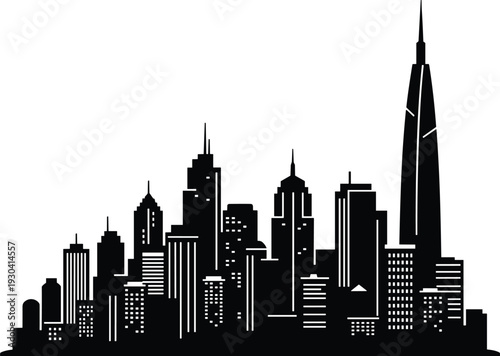 Silhouette city skyline, urban skyscrapers, metropolitan buildings, architectural design, modern high rise, urban landscape, cityscape illustration, business district, skyline view