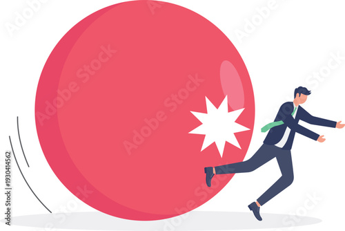 Businessman Running Away from Giant Rolling Red Ball Danger