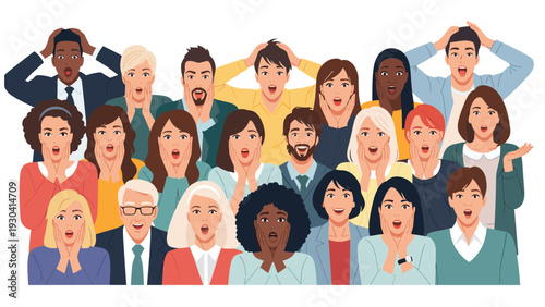Large crowd of diverse people are expressing shock and disbelief with their hands on their heads or faces after bad news.