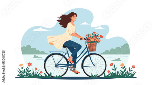Beautiful woman in a flowing dress rides her bicycle with a basket of fresh flowers along a scenic park path.