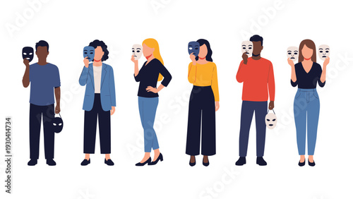 Diverse individuals are holding masks with different expressions to represent social anxiety and hidden emotions.