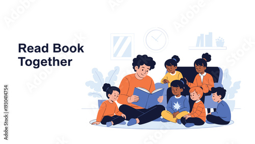 Kind man sits on the floor and reads an interesting storybook to a group of attentive children in a classroom.