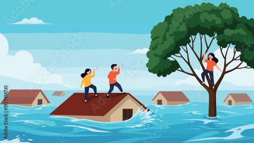 Concerned people are standing on rooftops and climbing trees to escape rising water during a severe flood disaster.