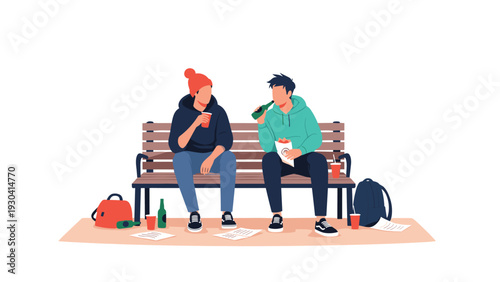 Two teenage friends are sitting together on a park bench enjoying soda and snacks while talking after school hours.