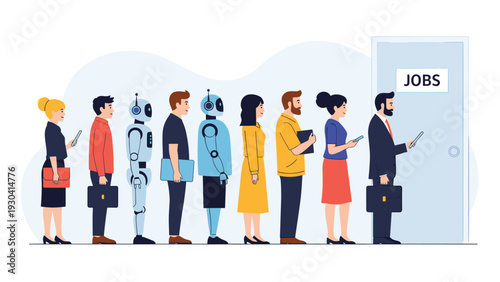 Long line of diverse people and robots are waiting outside an office door for a job interview or recruitment.