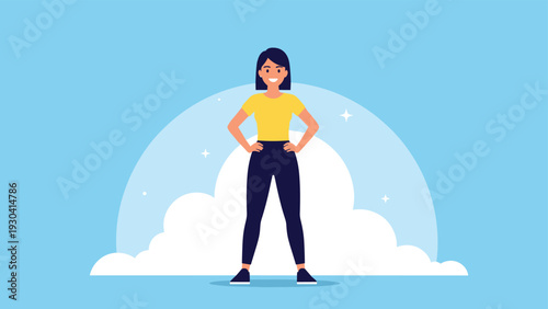 Confident young woman stands tall with her hands on her hips in a powerful pose against a simple blue background.