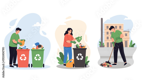 Environmentally conscious people are cleaning up the neighborhood by sweeping streets and sorting trash for recycling.