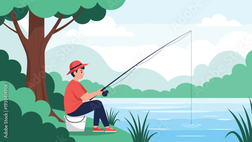 Young boy sitting on a bucket while fishing in a calm river surrounded by green trees and mountains, enjoying a peaceful outdoor activity.