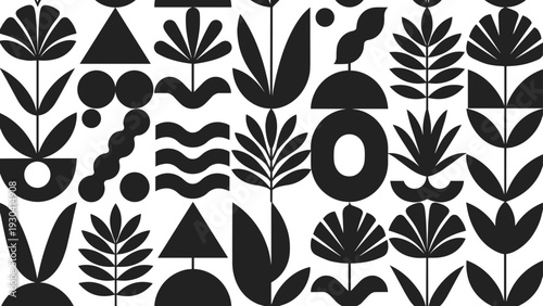Scandinavian folk art seamless pattern, modern black botanical geometric floral vector background design for textile print decor wallpaper