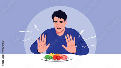 Upset man crying and refusing to eat a plate of healthy vegetables, expressing strong dislike or emotional struggle with diet and nutrition.
