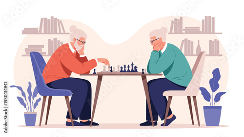 Senior man and woman focused on a strategic game of chess while sitting at a table in a cozy room with bookshelves in the background.
