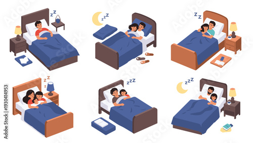 Collection of isometric illustrations showing couples and families sleeping in different comfortable positions on a blue bed at night.