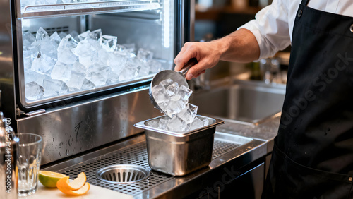 Ice scoop Action: An expert bartender skillfully scoops ice from a gleaming ice machine, expertly preparing for a refreshing creation. A professional touch in a world of cocktails.