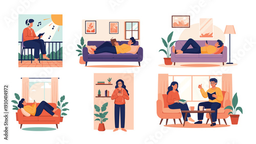 Diverse group of people enjoying leisure time at home by reading books, using smartphones, and listening to music in various relax scenes.