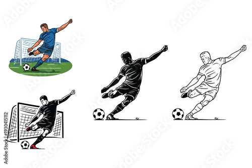 Set of soccer player kicking ball towards goal in various styles like color outline and silhouette
