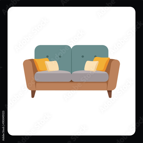 A colorful cartoon illustration of a cozy two-seater sofa with pillows