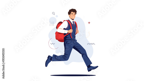 Enthusiastic male student wearing a school uniform and carrying a red backpack while running happily toward his classes on campus grounds.