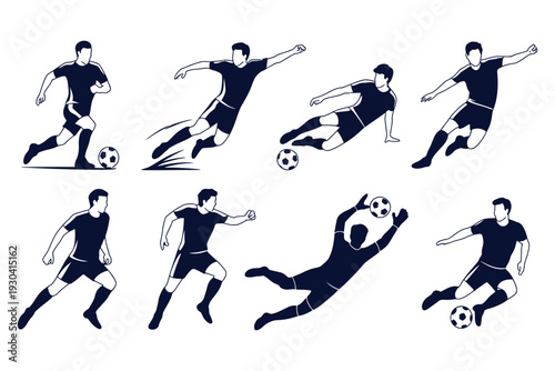 Soccer player silhouettes set with professional athletes in action poses shooting passing and goalkeeping on transparent background for sport