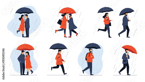 Set of diverse people walking or running through the rain while holding colorful umbrellas to stay dry during a stormy day in the city.