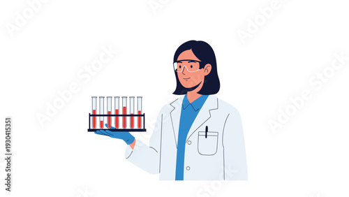 Dedicated female scientist wearing safety goggles and a lab coat while carefully holding a rack of test tubes filled with blood samples.
