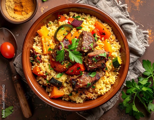 Couscous Tunisian style with vegetables and lamb, ceramic bowl, overhead flat lay, warm earthy tones