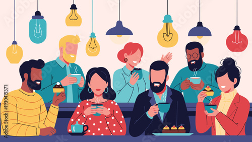 Group of diverse friends socializing in a cozy cafe while enjoying coffee, tea, and desserts under a variety of decorative hanging lamps.