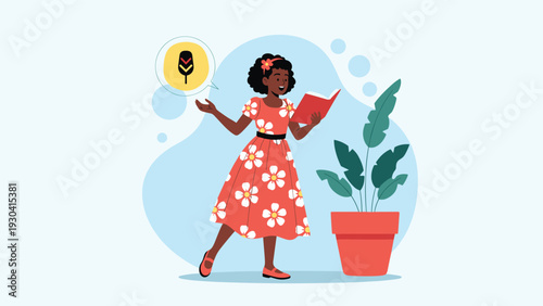 Cute young girl with a floral dress reading an interesting book while standing next to a large potted plant in a bright room setting.