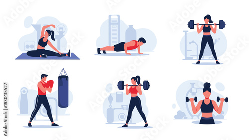 Set of diverse people performing different fitness exercises such as weightlifting, boxing, pushups, and yoga for a healthy lifestyle.