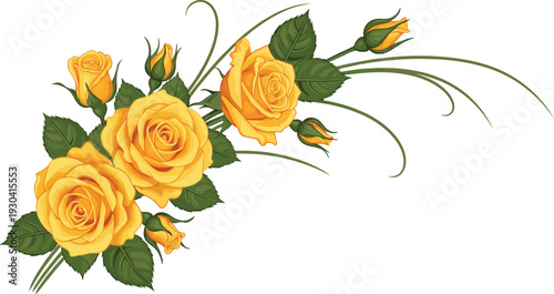 Fotografie Romantic yellow rose bouquet corner design vector isolated on white background