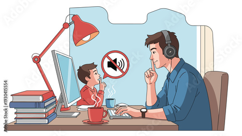 Man working from home on his computer while his young son sits nearby and both of them signal for silence during a quiet work session.