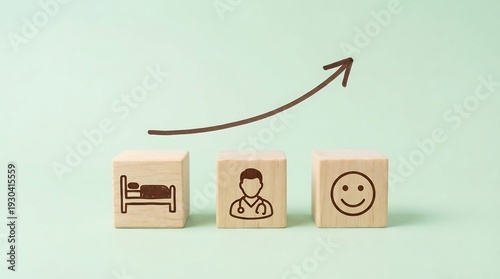 Wallpaper Mural Wooden blocks illustrate key performance indicators for patient wellness, including sleep, medical staff, and satisfaction, with an upward trend arrow. Torontodigital.ca