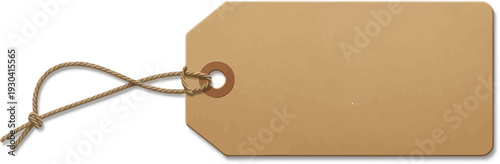 Blank brown cardboard shipping tag tied with natural jute string isolated.