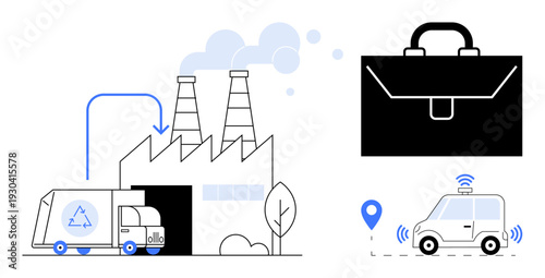 Recycling, sustainability, smart technology, autonomous vehicles, logistics, environment. A recycling truck near a factory, a briefcase and a location-based smart car. Recycling and sustainability