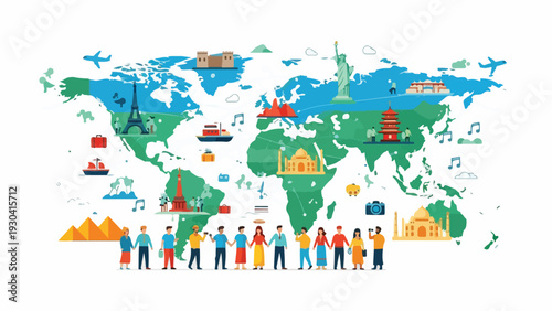A colorful world map illustration, featuring landmarks and diverse group