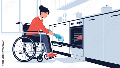 Disabled woman in a wheelchair performs household chores by cleaning a modern kitchen oven with a blue cloth and protective gloves.