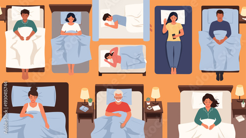 Diverse group of men and women sleeping peacefully in various comfortable positions in different beds across a colorful modern room.