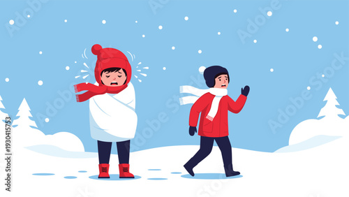 Young boy wrapped in a white blanket shivers from the cold while another boy walks nearby in a snowy winter landscape with pine trees.
