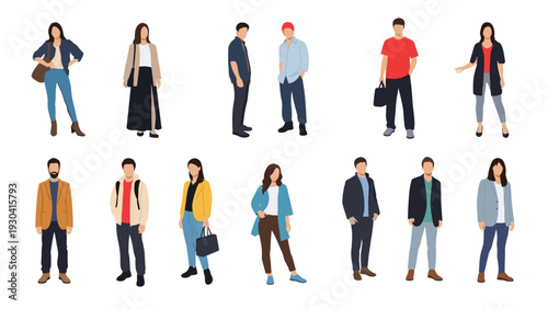 Diverse male and female characters standing in various stylish outfits and casual fashion poses isolated against a plain white background.