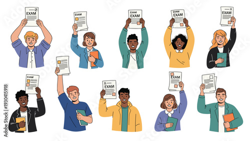 Diverse group of male and female students cheering joyfully while holding up their successful exam papers with top grades in school.