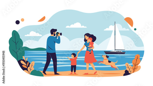 Happy family enjoys a sunny day at the beach while the father takes a photograph of his wife, child, and their playful dog by the sea.