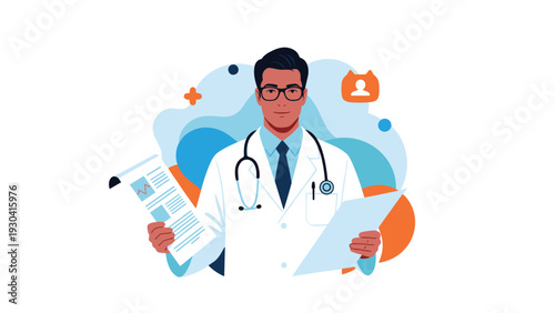 Professional male doctor in a white lab coat with a stethoscope around his neck holds medical reports and looks directly at the camera.