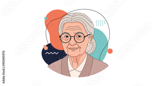 Close-up portrait of an elderly woman with grey hair wearing glasses and a wireless earbud against an abstract colorful background.