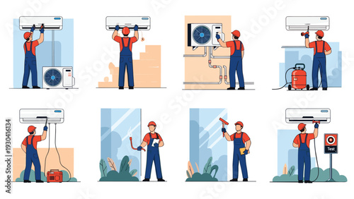 Set of technicians performing various maintenance tasks like installing and repairing split air conditioning systems for homes and offices.