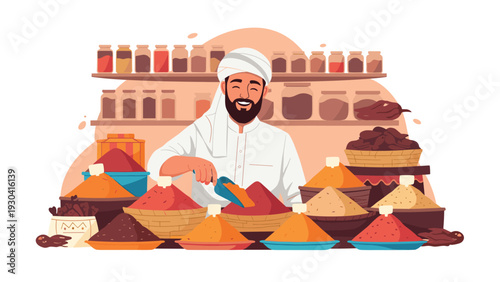 Smiling merchant in a white turban and traditional dress sells various colorful spices arranged in baskets at an authentic open market.