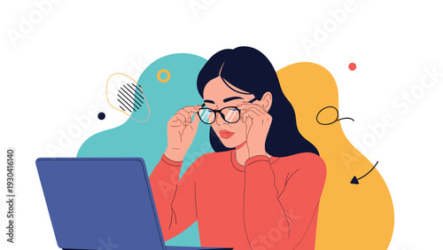 Focused young woman wearing glasses works on her laptop computer against a colorful background with modern abstract design elements.