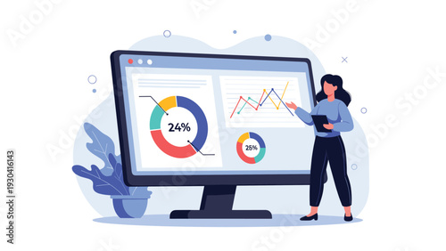 Businesswoman stands next to a large monitor presenting data analytics, pie charts, and growth graphs for a corporate business meeting.