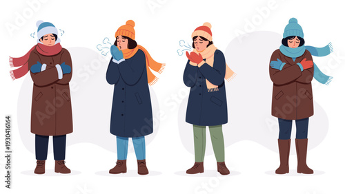 Diverse group of people wearing winter coats, scarves, and hats shivering from the intense cold weather during the winter season outdoors.