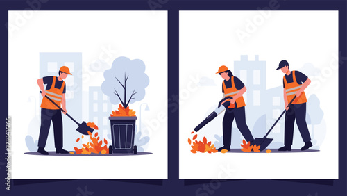 Collection of workers in safety vests cleaning fallen autumn leaves from the street using shovels, leaf blowers, and waste containers.