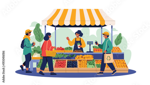 Customers shopping for fresh organic vegetables and fruits at an outdoor farmer's market stall with a striped yellow awning background.
